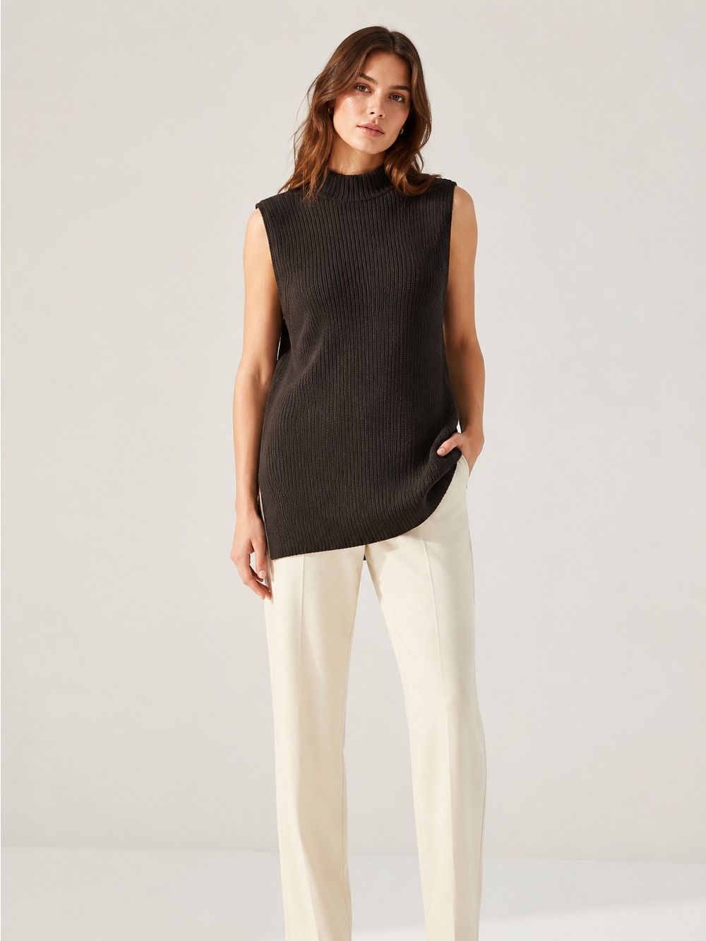 NWT H&M Dark Chocolate Brown Mock Neck Long Sweater Vest
